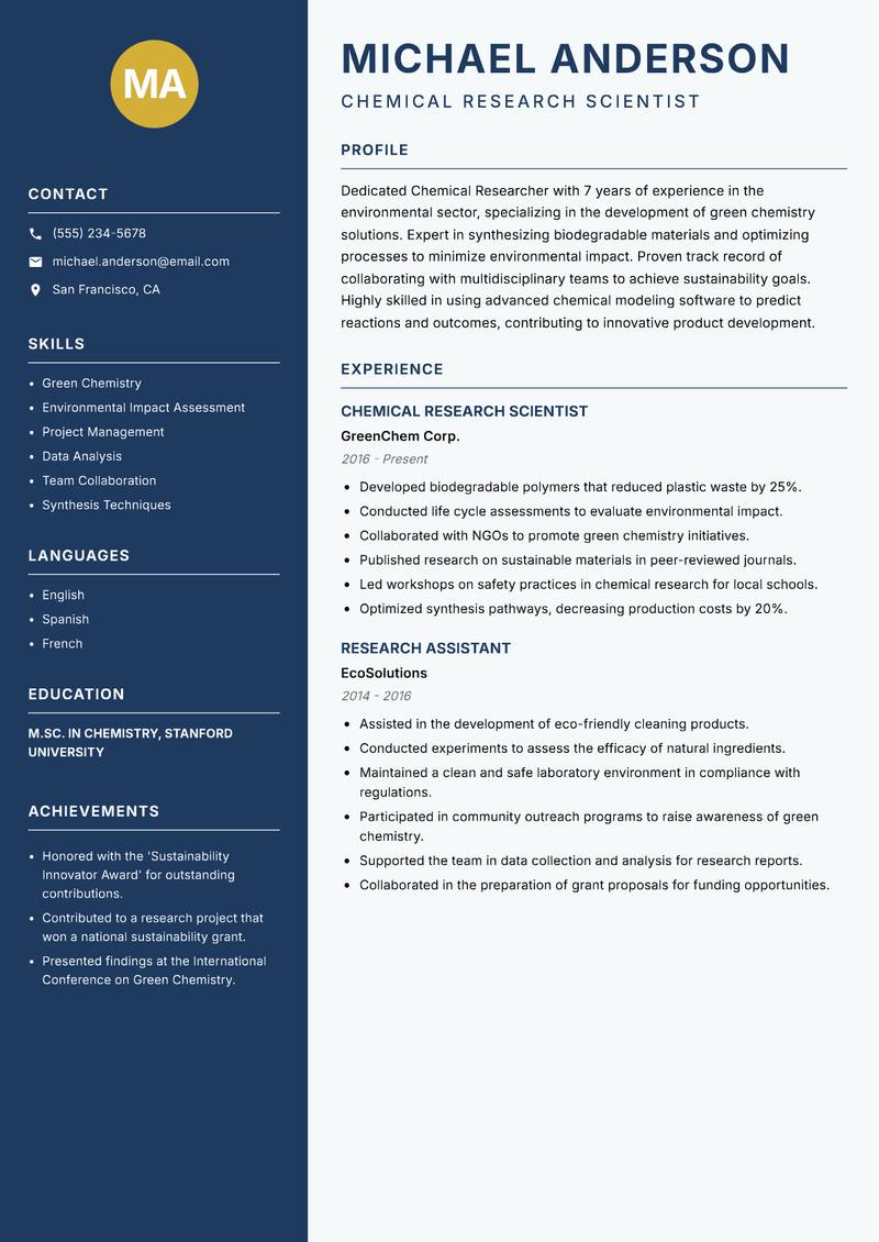 Chemical Researcher resume sample — Chemical Research Scientist focus