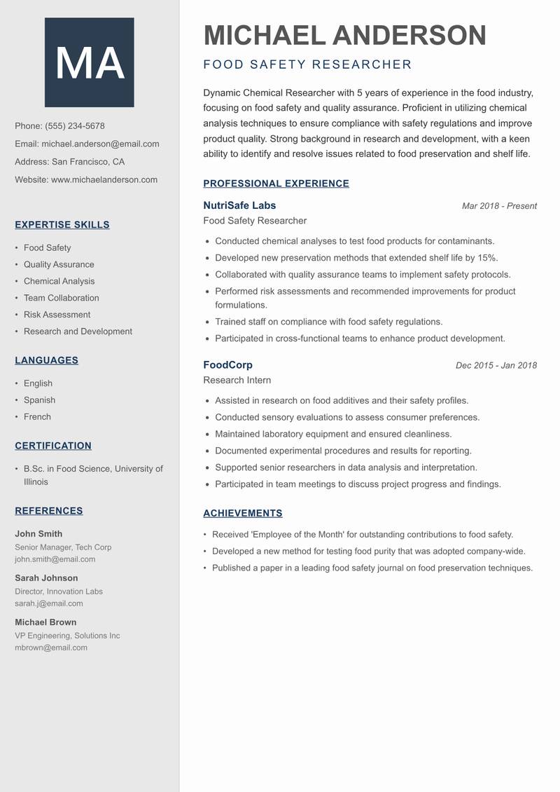 Chemical Researcher resume sample — Food Safety Researcher focus