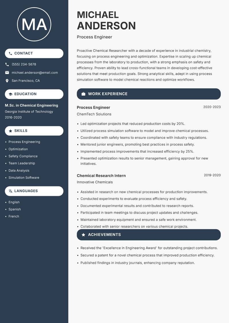 Chemical Researcher resume sample — Process Engineer focus