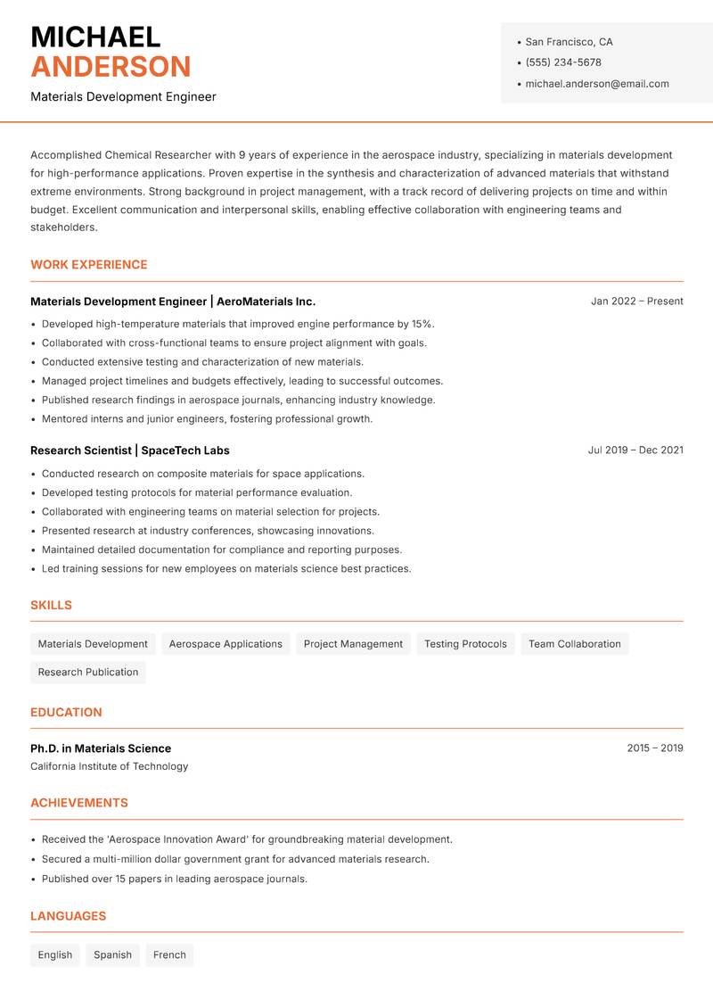 Chemical Researcher resume sample — Materials Development Engineer focus