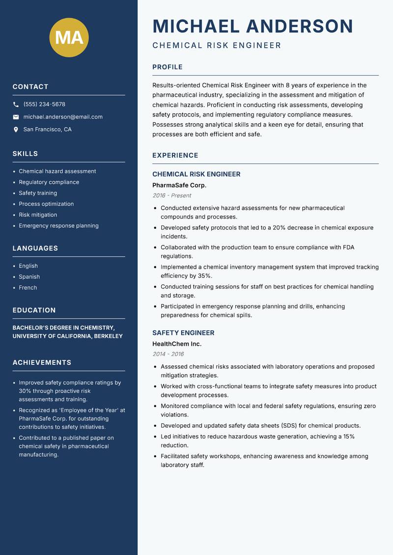 Chemical Risk Engineer resume sample — Chemical Risk Engineer focus
