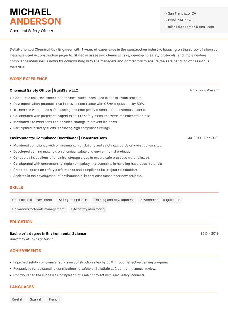 Chemical Risk Engineer resume sample — Chemical Safety Officer focus