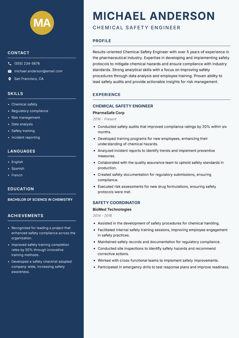Chemical Safety Engineer resume sample — Chemical Safety Engineer focus