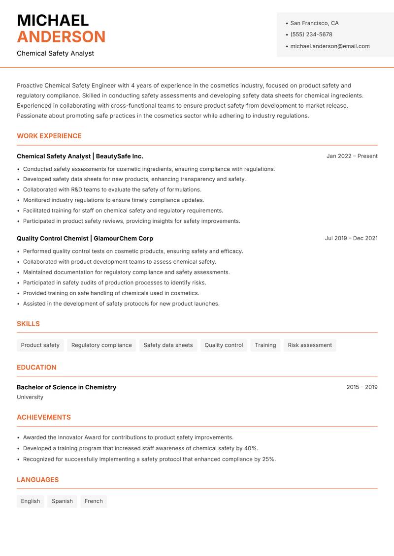Chemical Safety Engineer resume sample — Chemical Safety Analyst focus