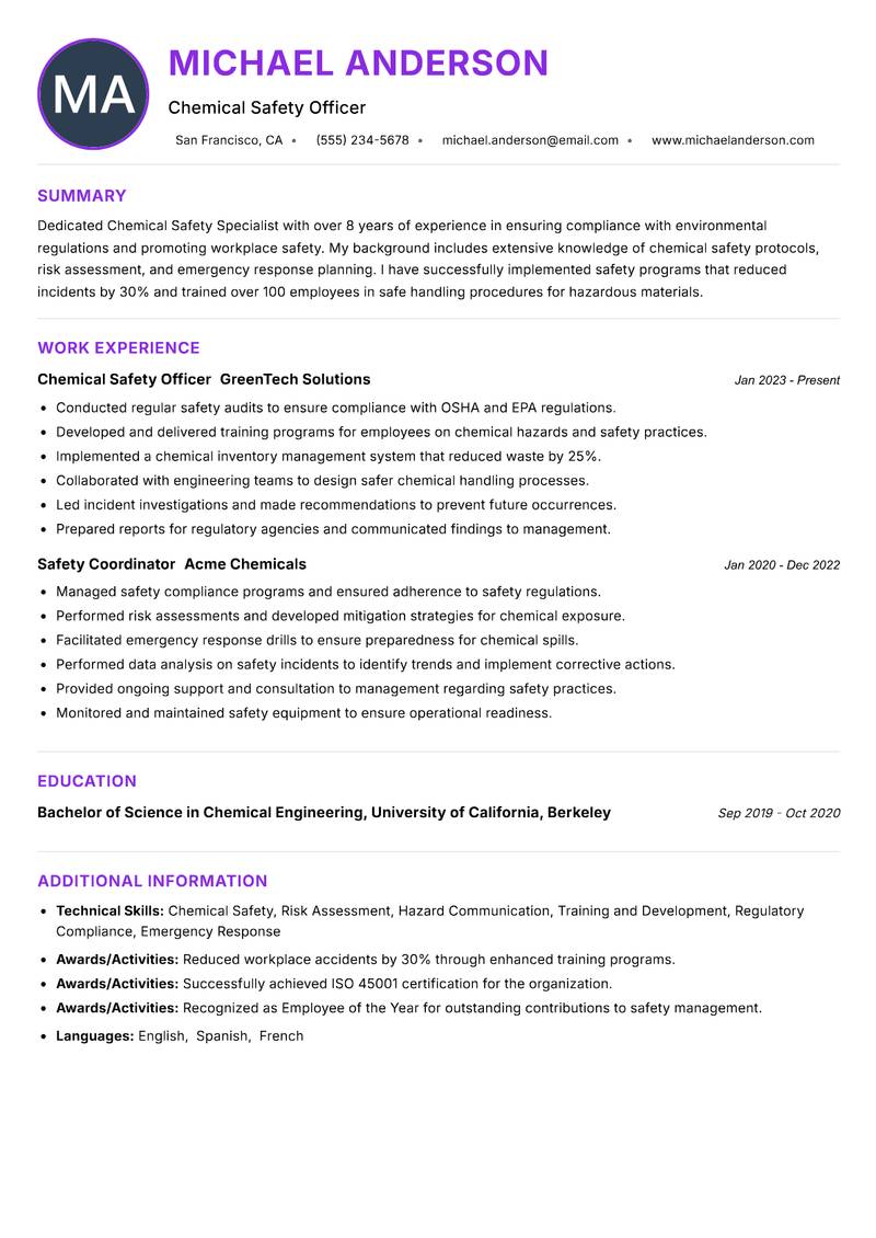 Chemical Safety Specialist resume example