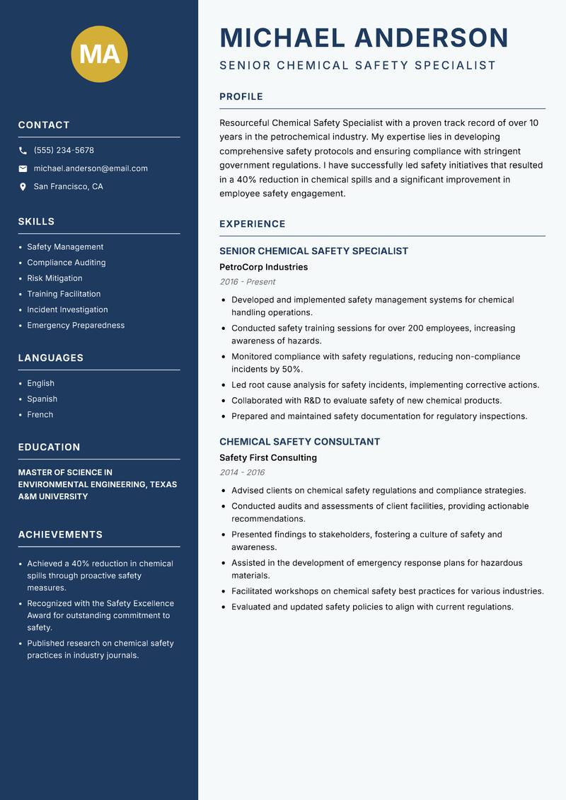 Chemical Safety Specialist resume sample — Senior Chemical Safety Specialist focus
