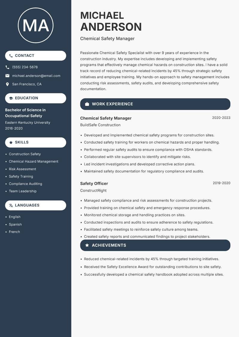 Chemical Safety Specialist resume sample — Chemical Safety Manager focus