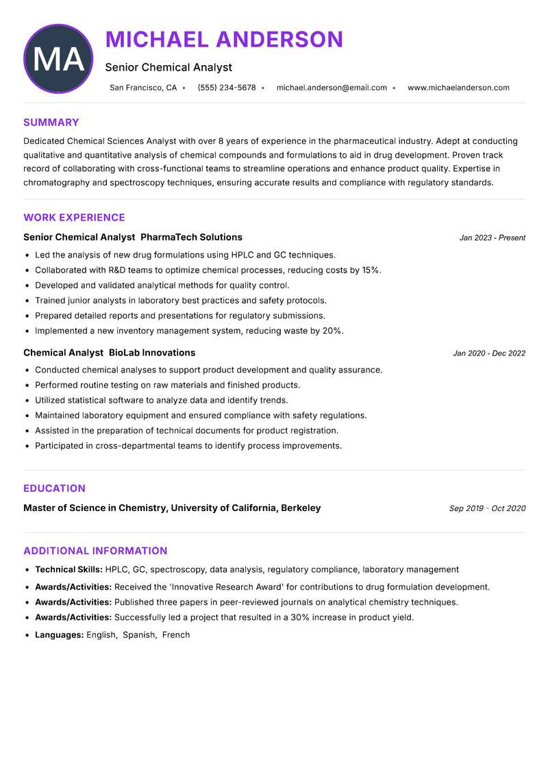 Chemical Sciences Analyst resume example