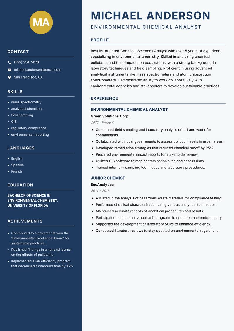 Chemical Sciences Analyst resume sample — Environmental Chemical Analyst focus
