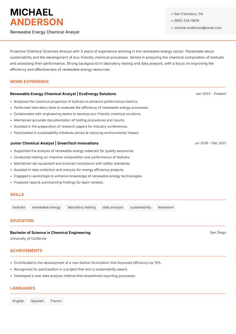 Chemical Sciences Analyst resume sample — Renewable Energy Chemical Analyst focus