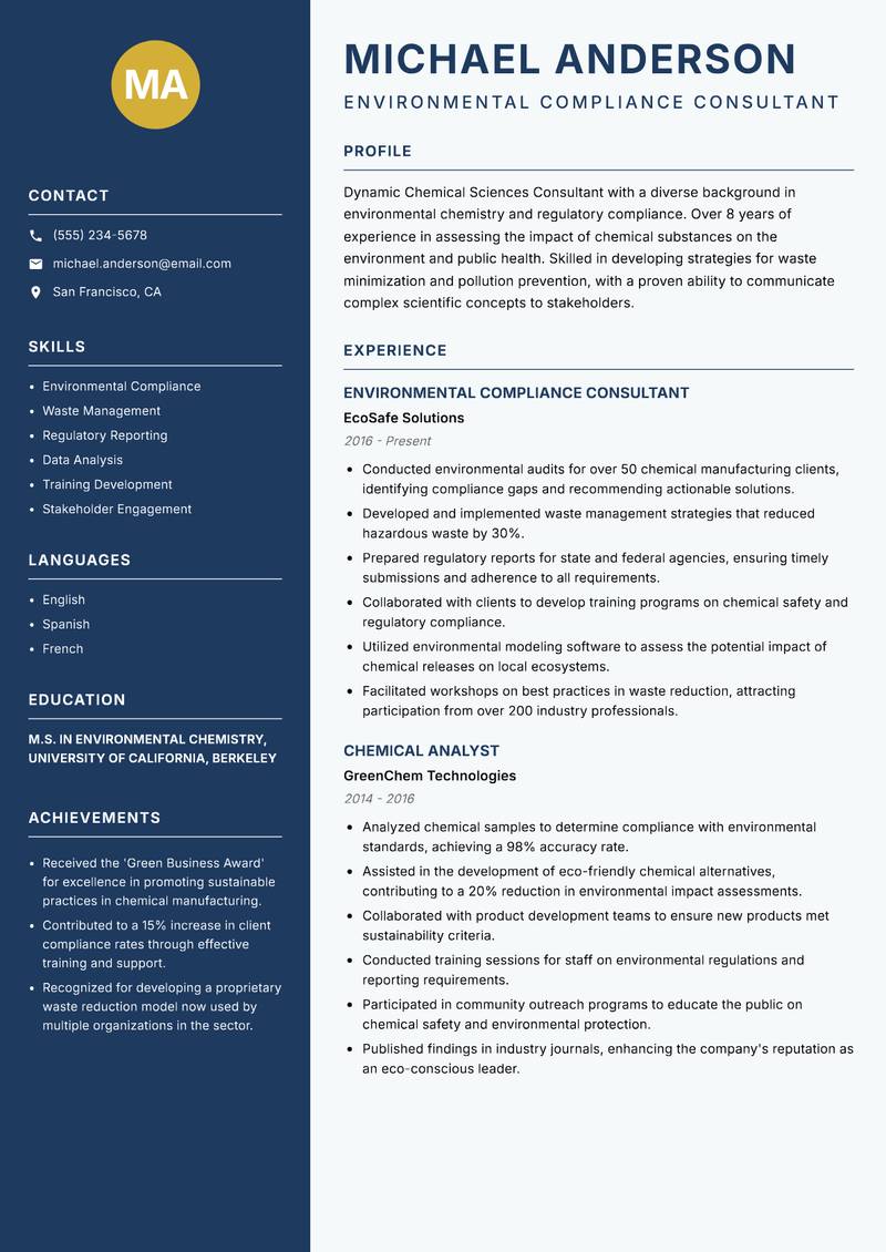 Chemical Sciences Consultant resume sample — Environmental Compliance Consultant focus