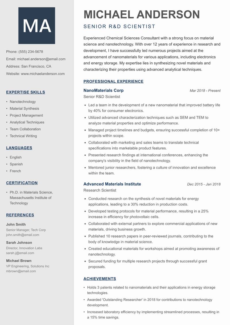 Chemical Sciences Consultant resume sample — Senior R&D Scientist focus