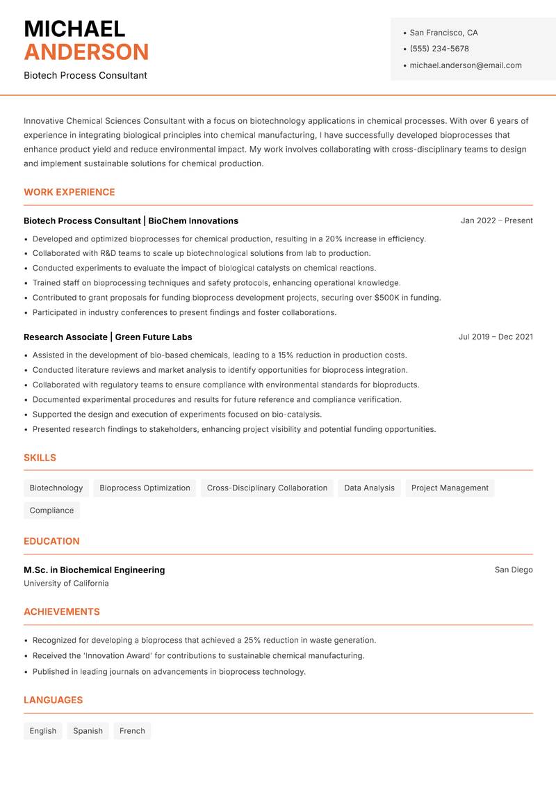 Chemical Sciences Consultant resume sample — Biotech Process Consultant focus