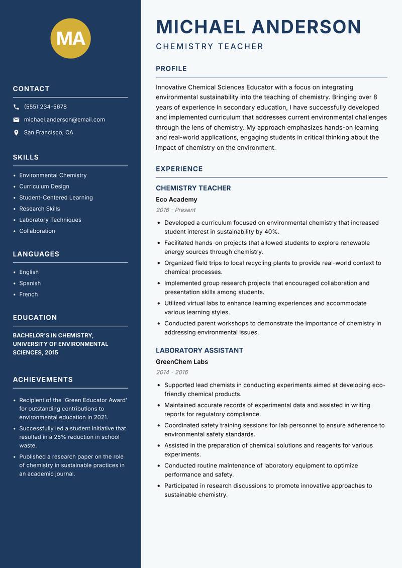 Chemical Sciences Educator resume sample — Chemistry Teacher focus