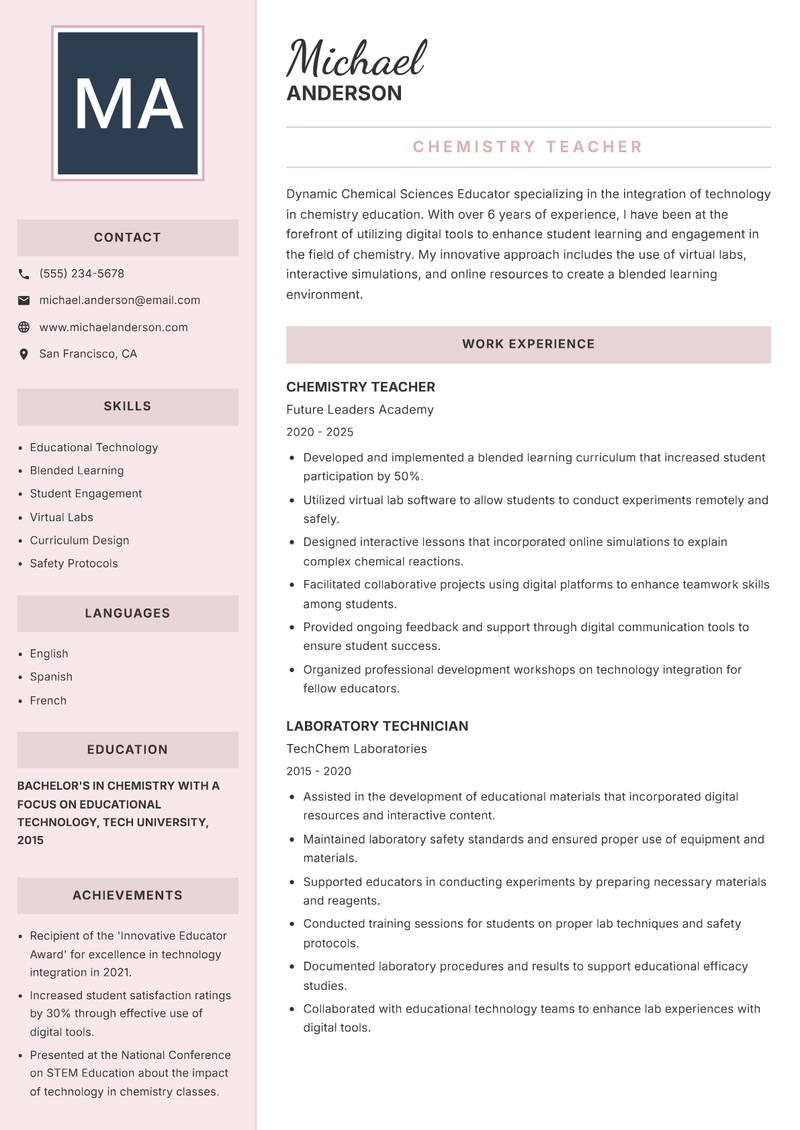Chemical Sciences Educator resume sample — Chemistry Teacher focus