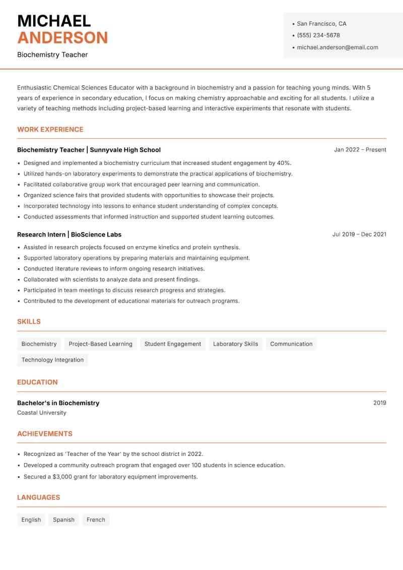 Chemical Sciences Educator resume sample — Biochemistry Teacher focus