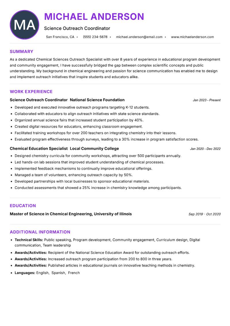 Chemical Sciences Outreach Specialist resume example