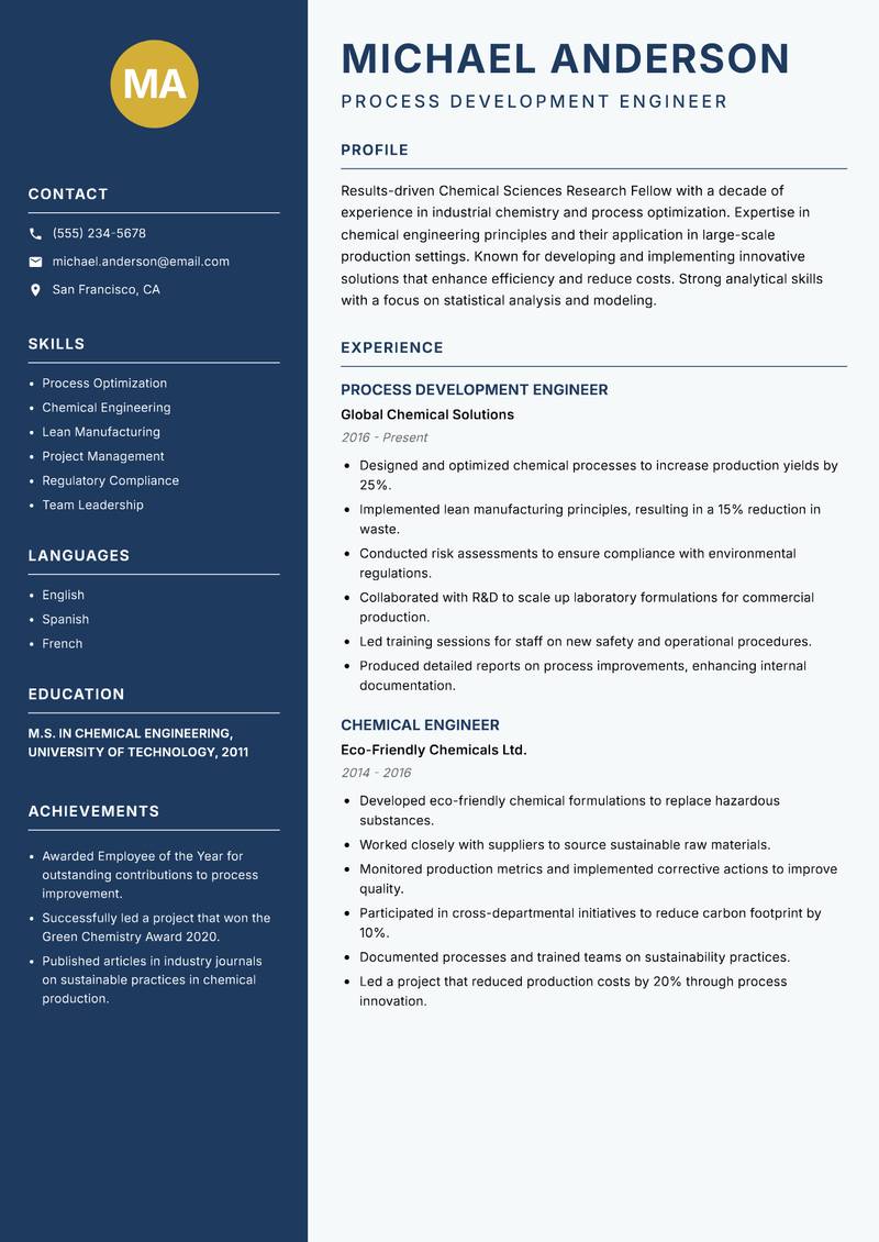 Chemical Sciences Research Fellow resume sample — Process Development Engineer focus