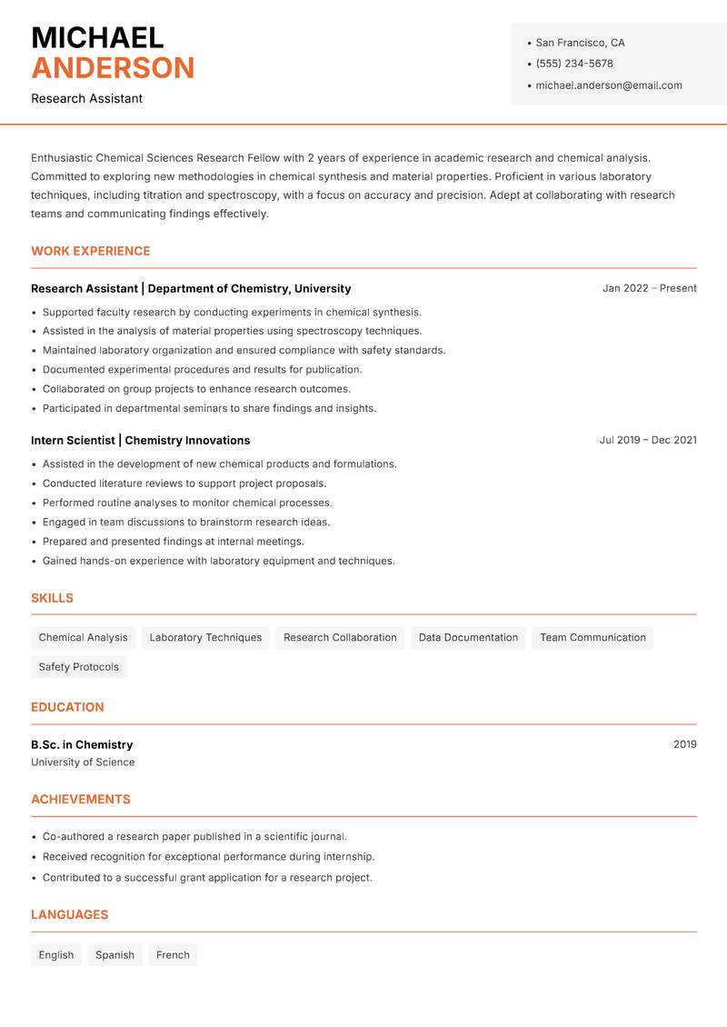 Chemical Sciences Research Fellow resume sample — Research Assistant focus