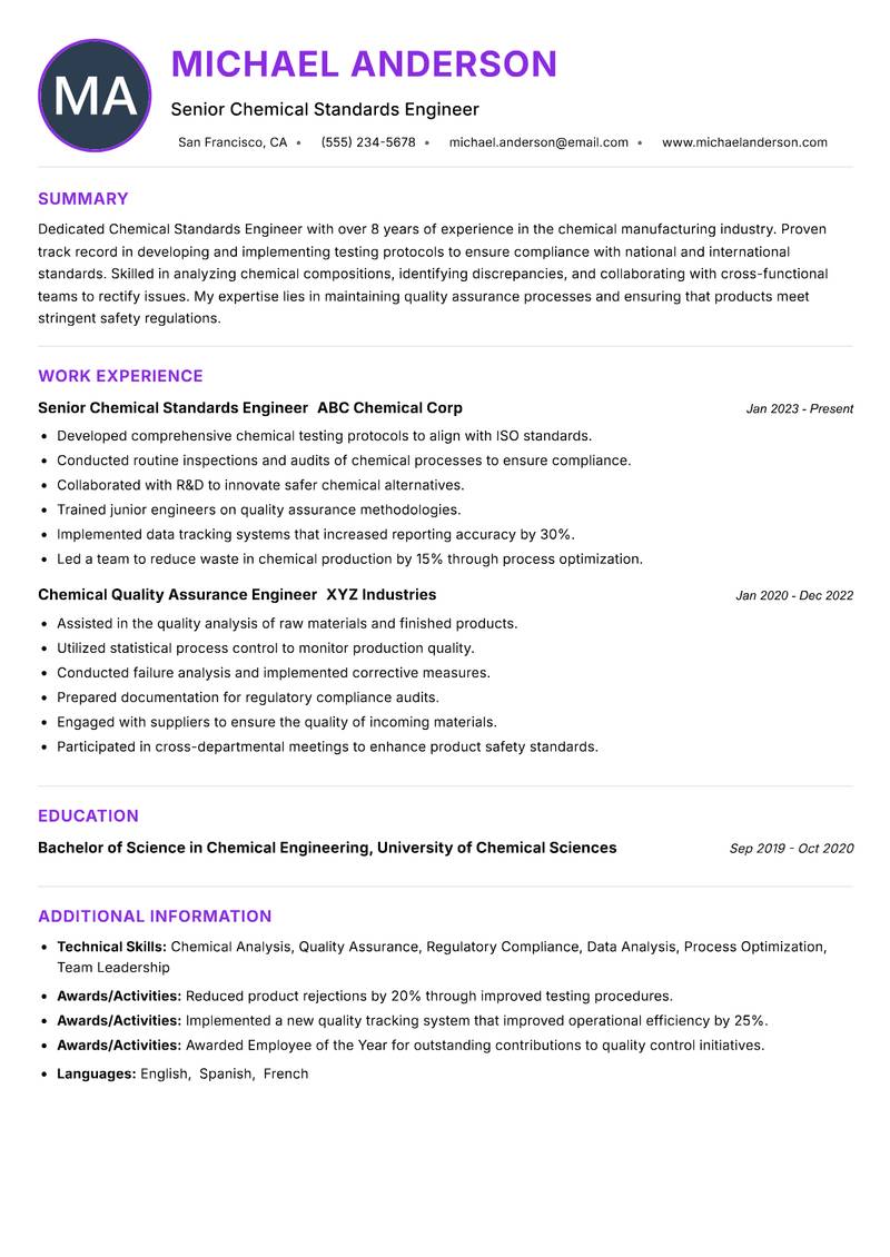 Chemical Standards Engineer resume example