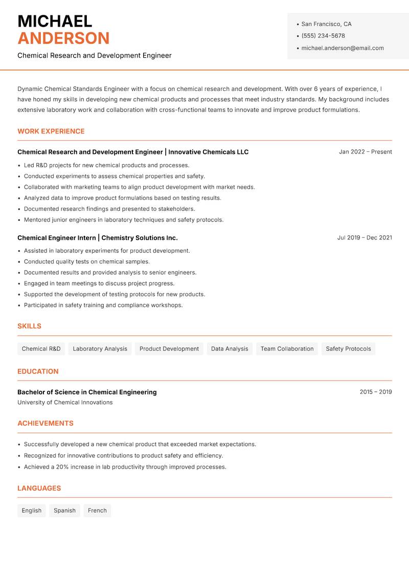 Chemical Standards Engineer resume sample — Chemical Research and Development Engineer focus