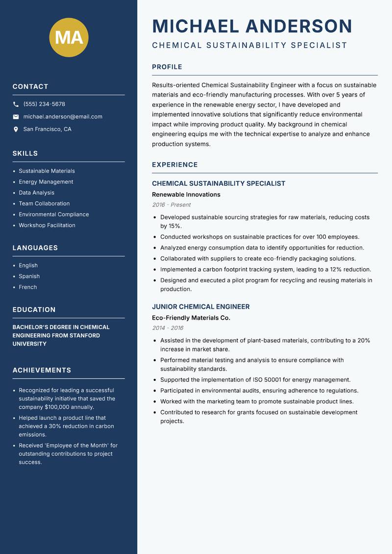 Chemical Sustainability Engineer resume sample — Chemical Sustainability Specialist focus