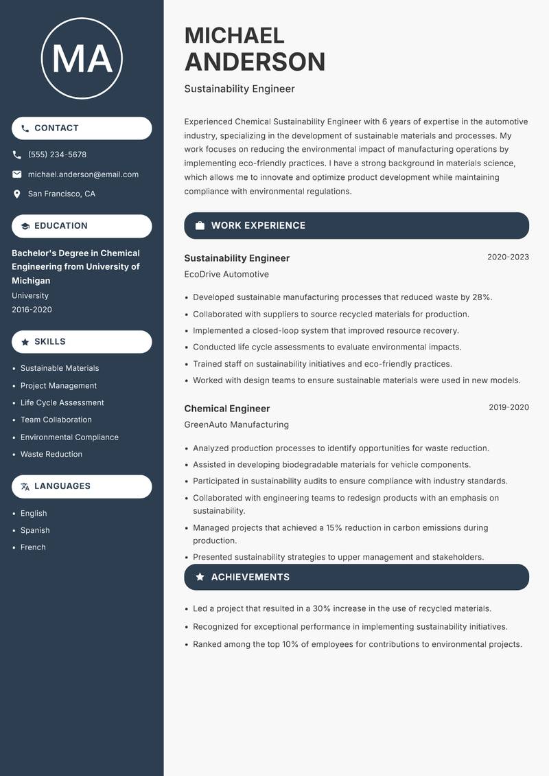 Chemical Sustainability Engineer resume sample — Sustainability Engineer focus