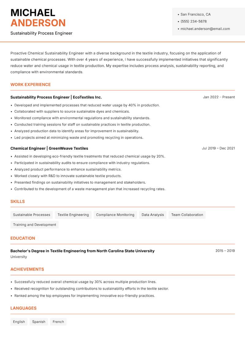 Chemical Sustainability Engineer resume sample — Sustainability Process Engineer focus
