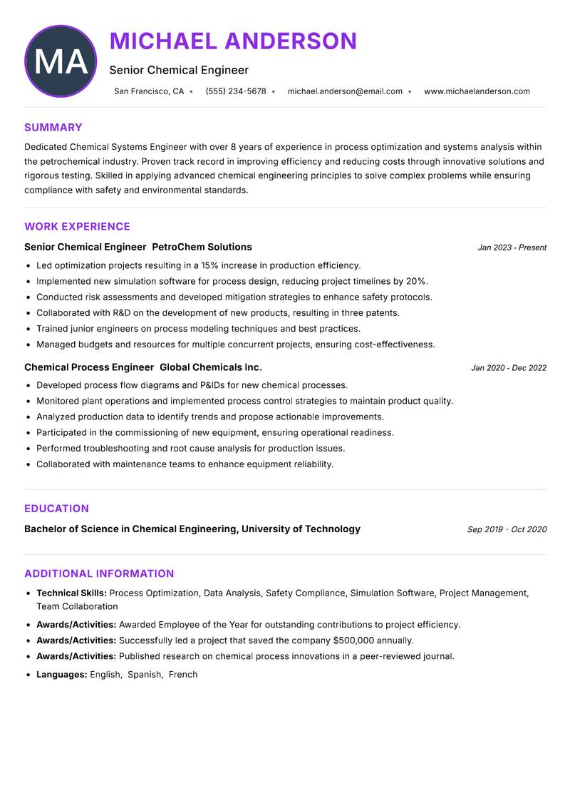 Chemical Systems Engineer resume example