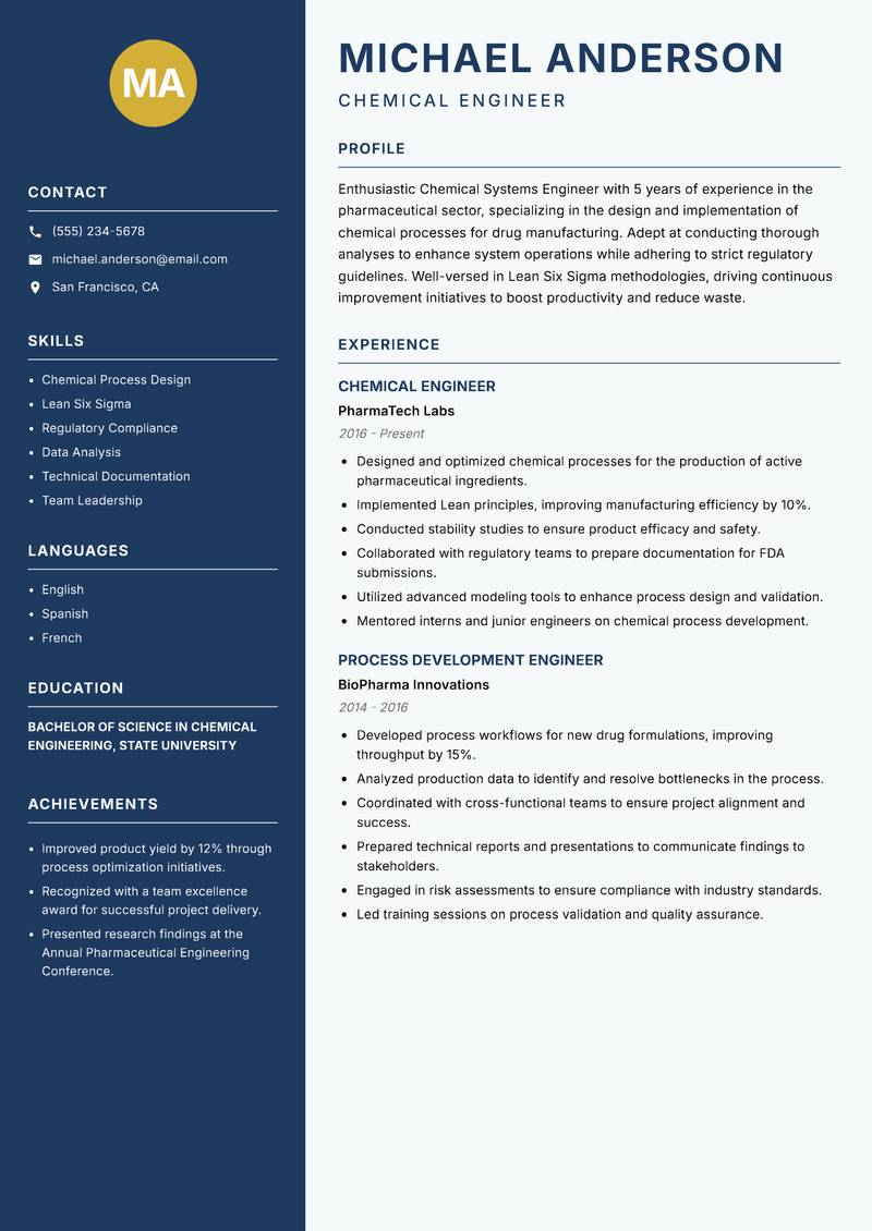 Chemical Systems Engineer resume sample — Chemical Engineer focus