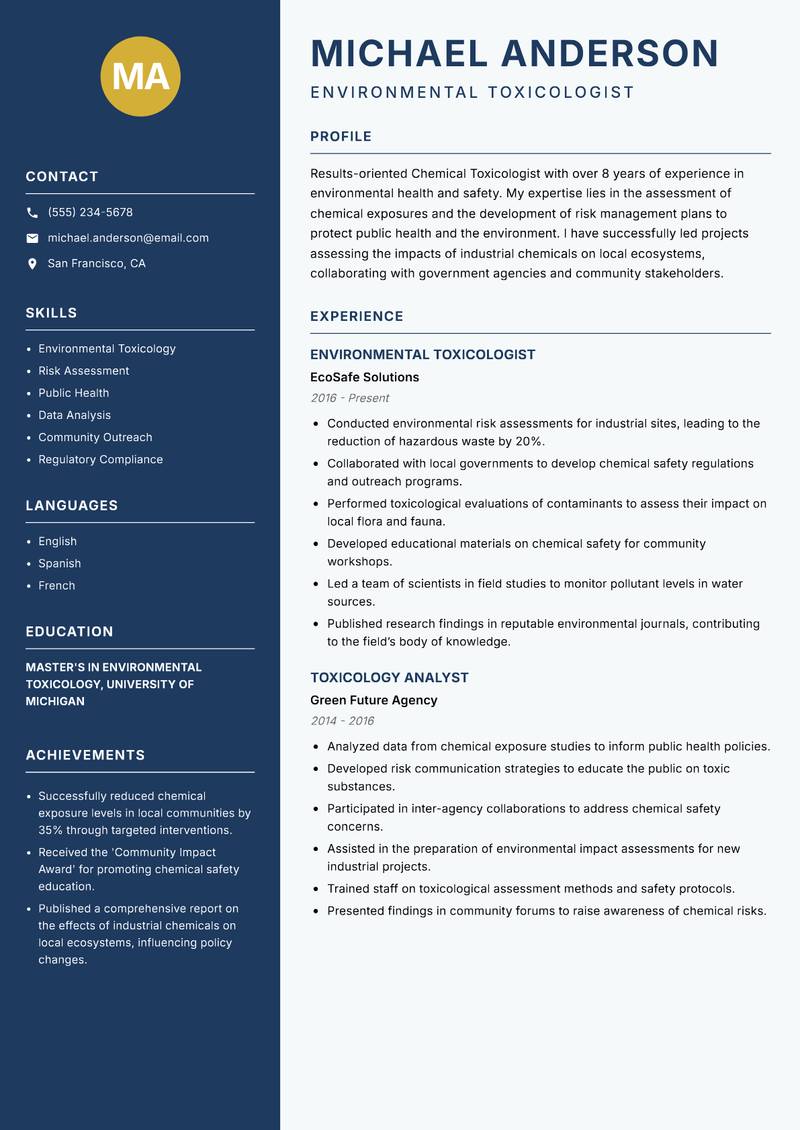 Chemical Toxicologist resume sample — Environmental Toxicologist focus