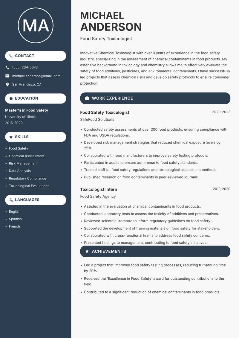 Chemical Toxicologist resume sample — Food Safety Toxicologist focus