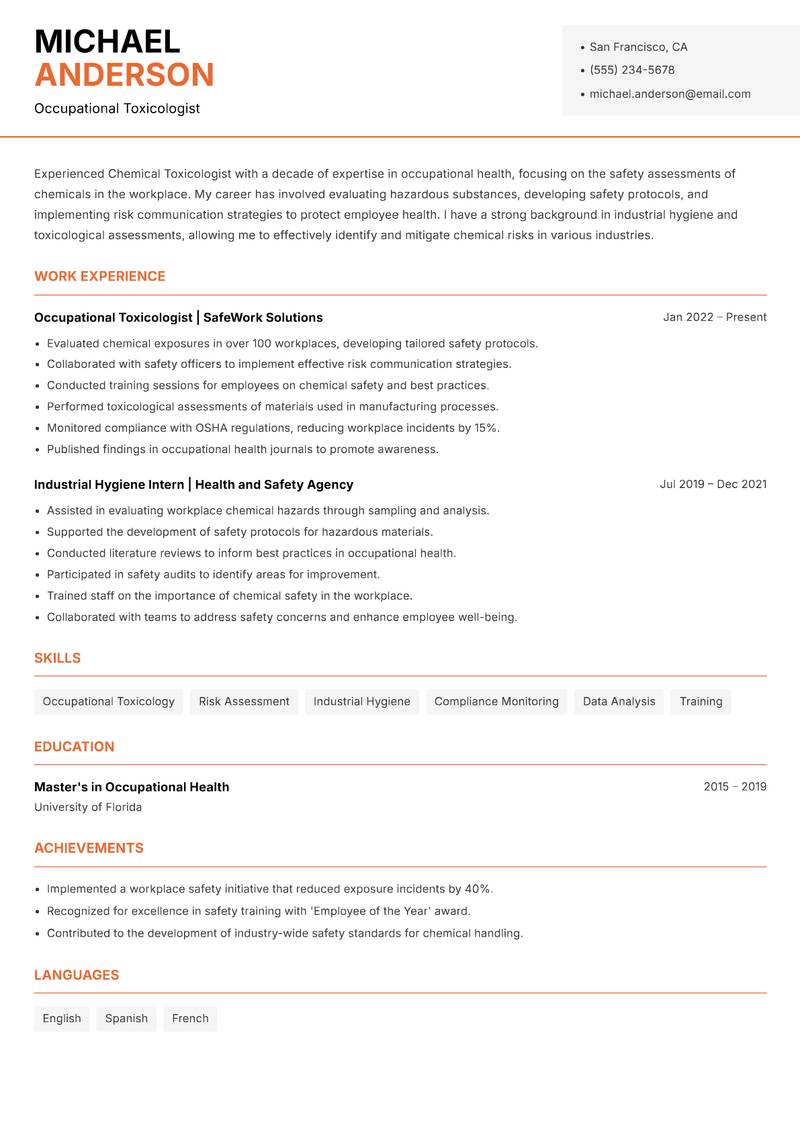Chemical Toxicologist resume sample — Occupational Toxicologist focus