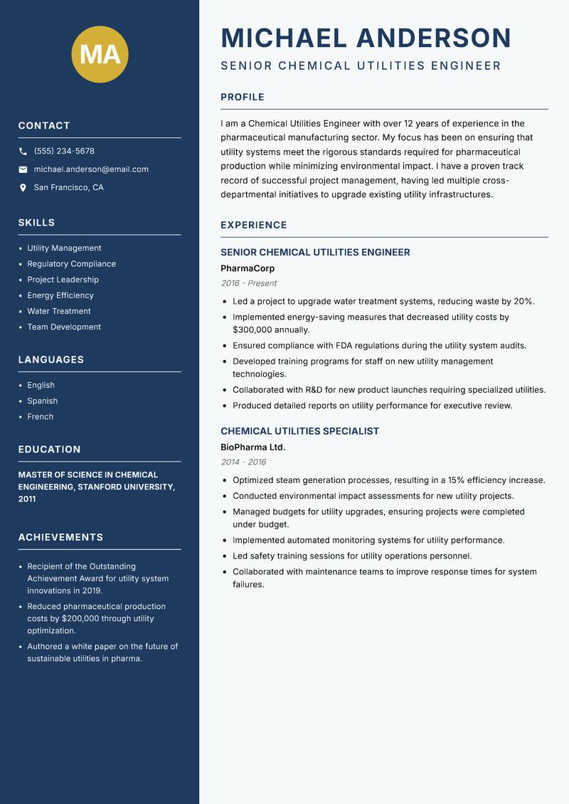 Chemical Utilities Engineer resume sample — Senior Chemical Utilities Engineer focus
