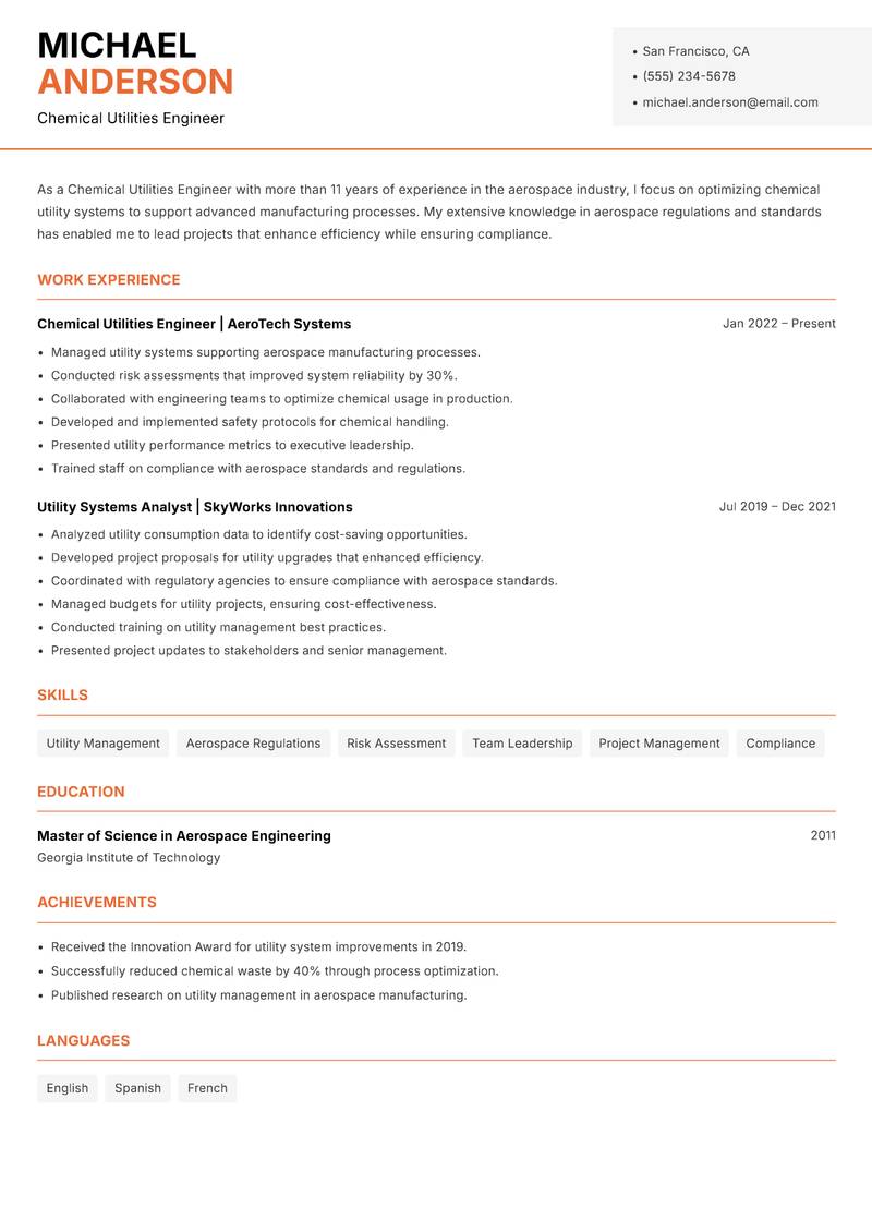 Chemical Utilities Engineer resume sample — Chemical Utilities Engineer focus