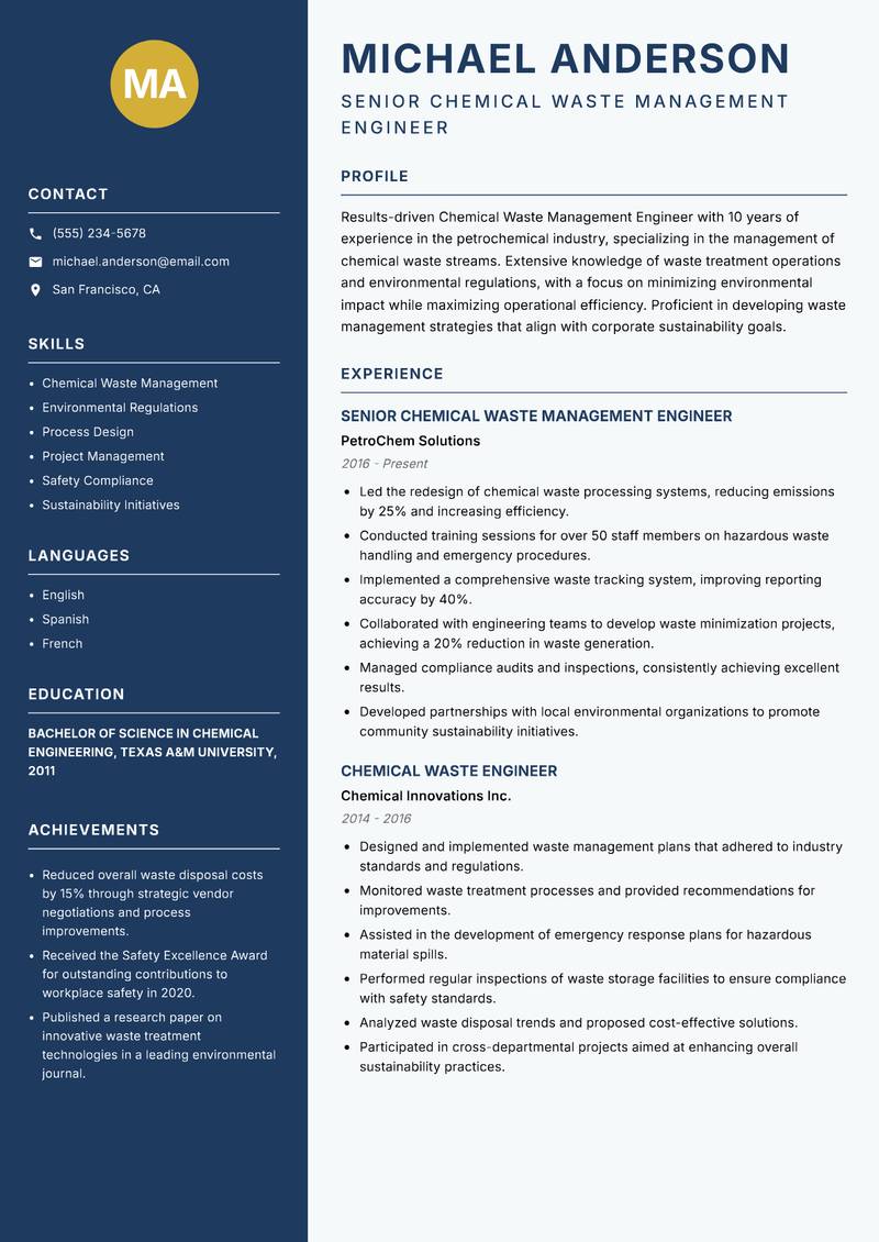 Chemical Waste Management Engineer resume sample — Senior Chemical Waste Management Engineer focus