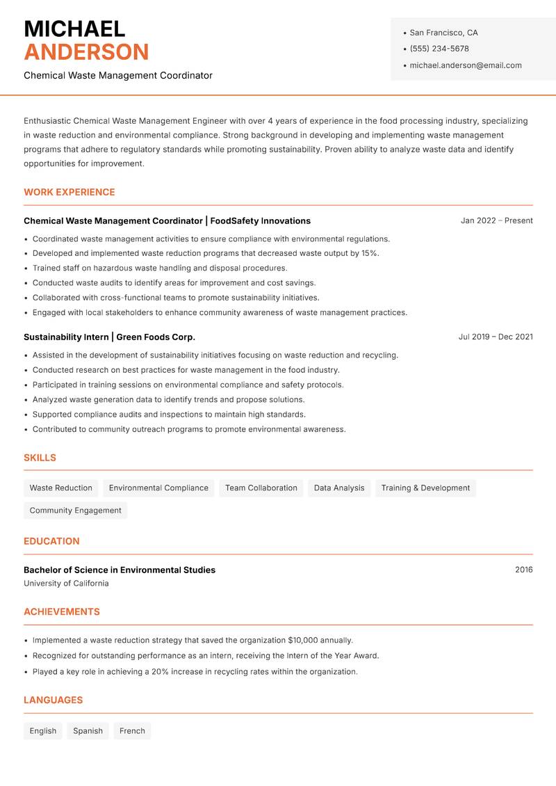 Chemical Waste Management Engineer resume sample — Chemical Waste Management Coordinator focus