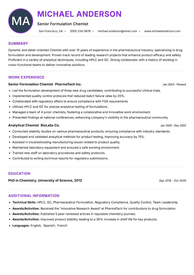 Chemist resume example