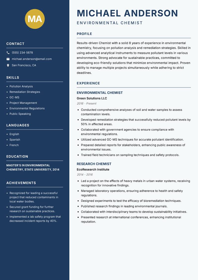 Chemist resume sample — Environmental Chemist focus
