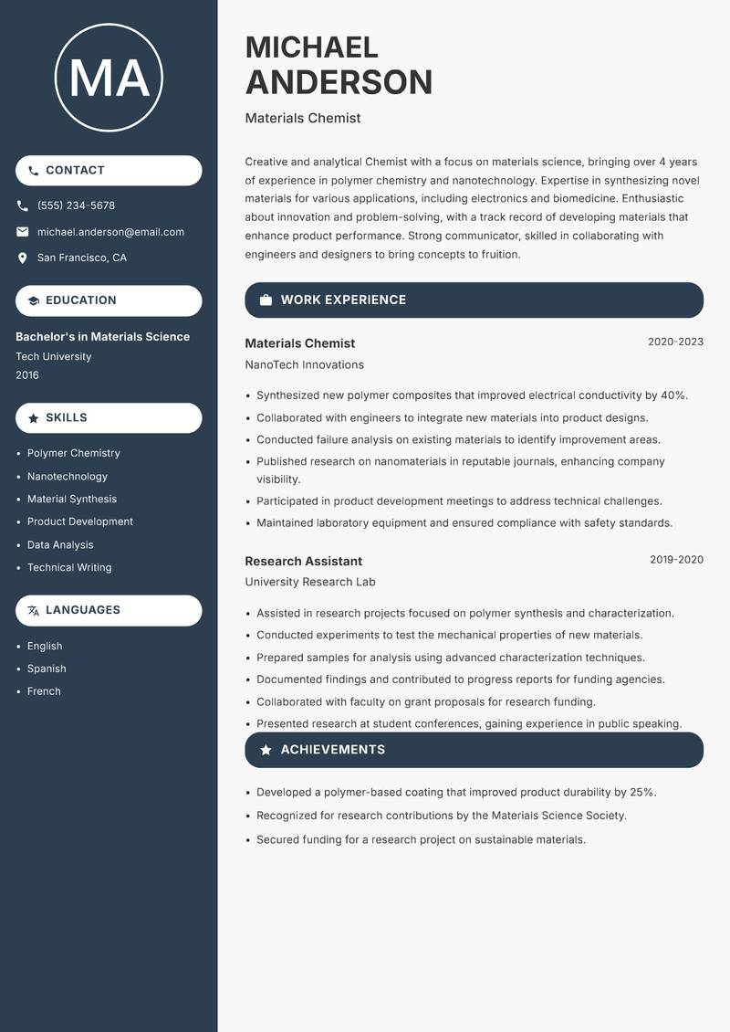 Chemist resume sample — Materials Chemist focus
