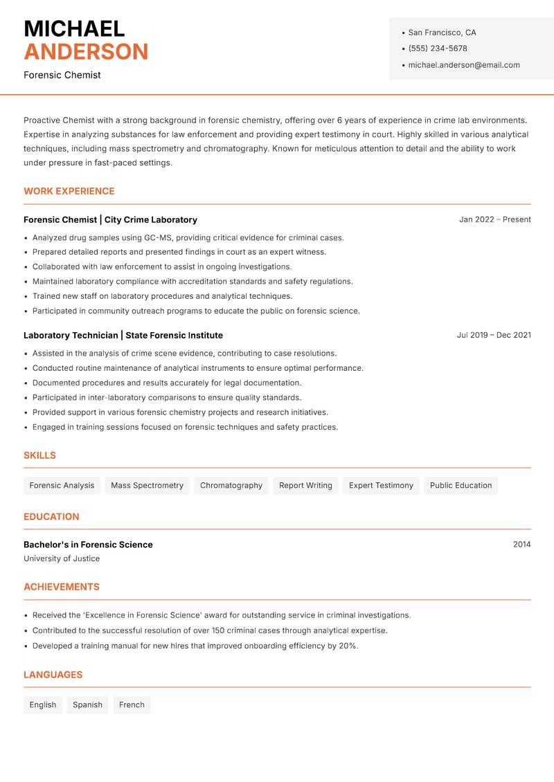 Chemist resume sample — Forensic Chemist focus