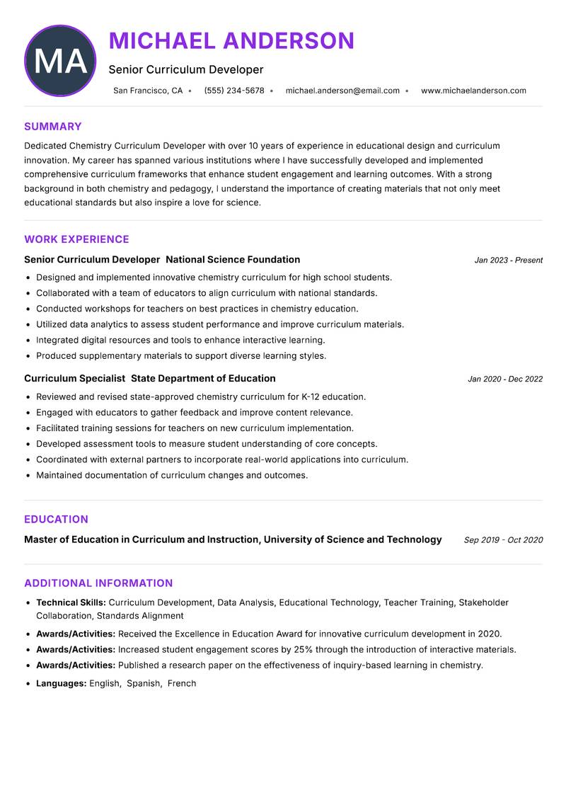 Chemistry Curriculum Developer resume example