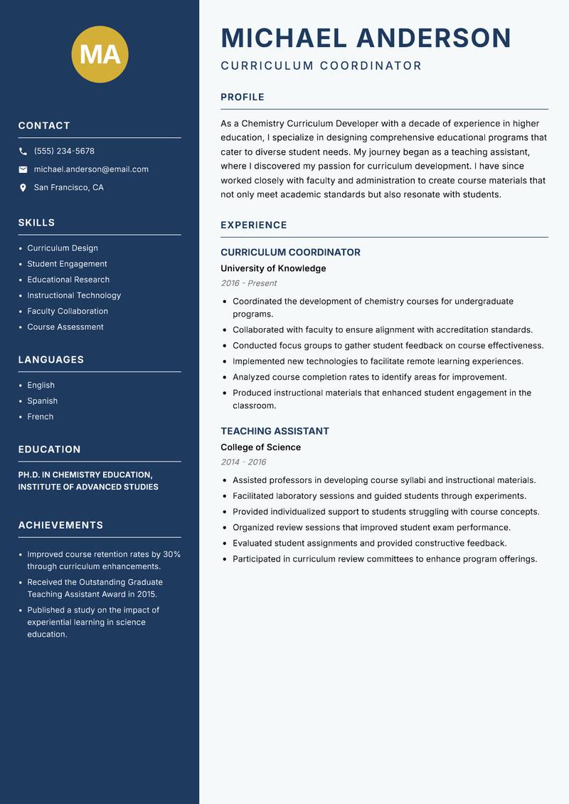 Chemistry Curriculum Developer resume sample — Curriculum Coordinator focus