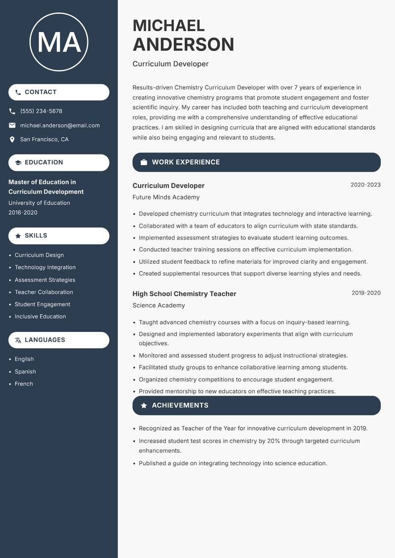 Chemistry Curriculum Developer resume sample — Curriculum Developer focus