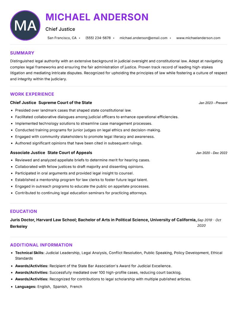 Chief Justice resume example