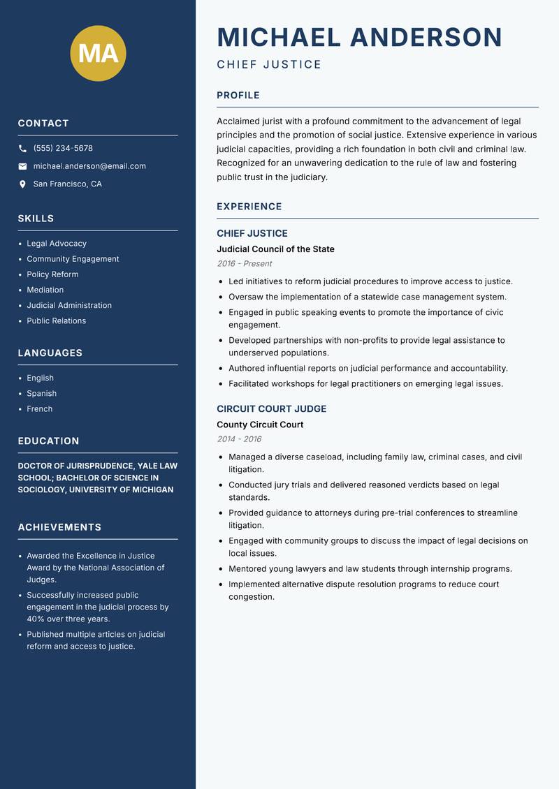 Chief Justice resume sample — Chief Justice focus