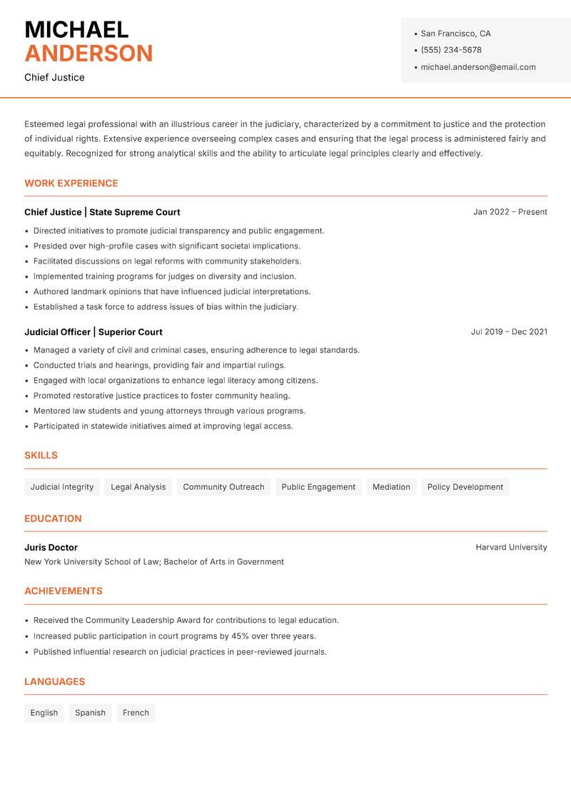 Chief Justice resume sample — Chief Justice focus
