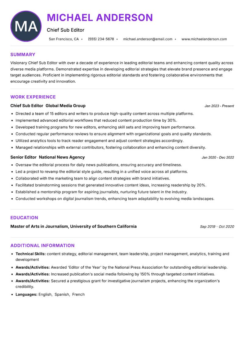 Chief Sub Editor resume example