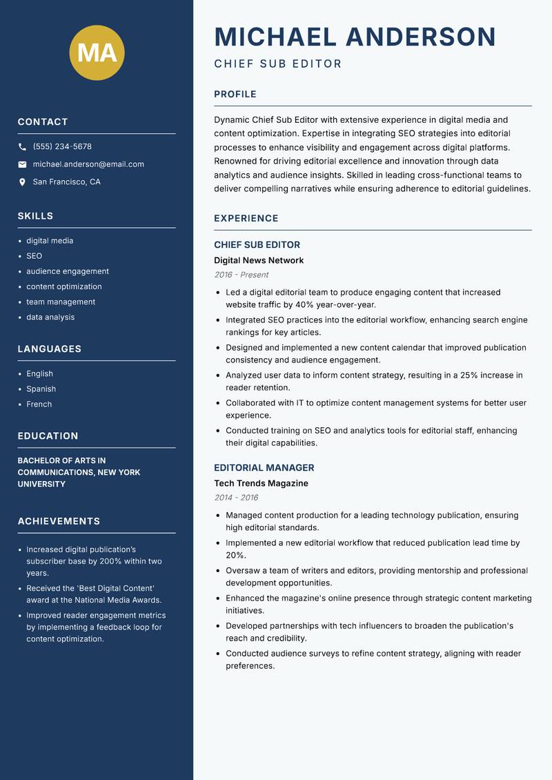 Chief Sub Editor resume sample — Chief Sub Editor focus