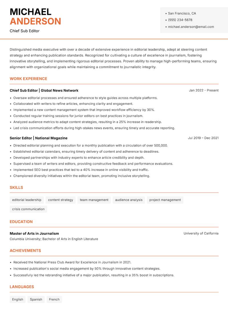 Chief Sub Editor resume sample — Chief Sub Editor focus